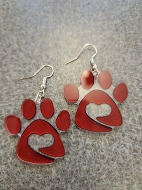 Red Paw Print Heart Dangle Earrings